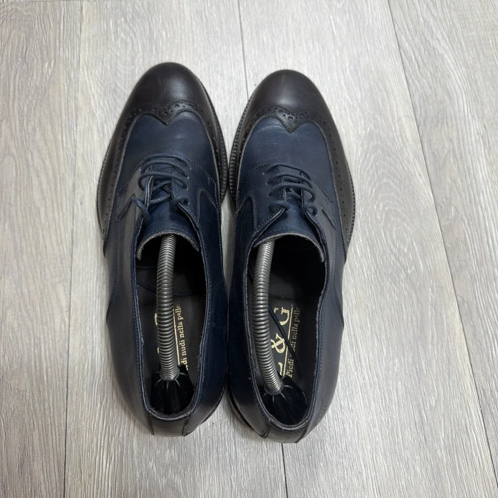 Mens Italian Made Brogue Leather Derby Oxford Dress Shoes Blue & Brown L&G Sz 42